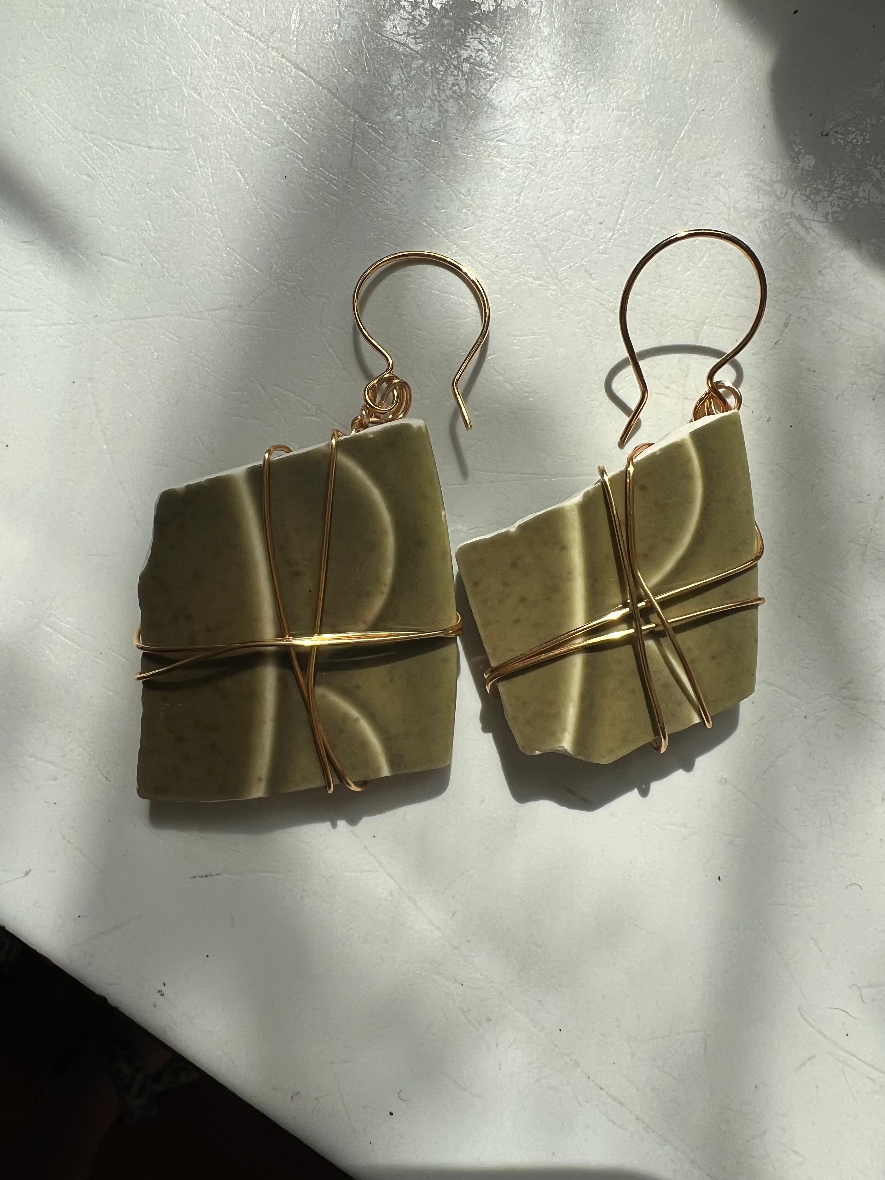 Recycled Green Scalloped Pottery Dangles