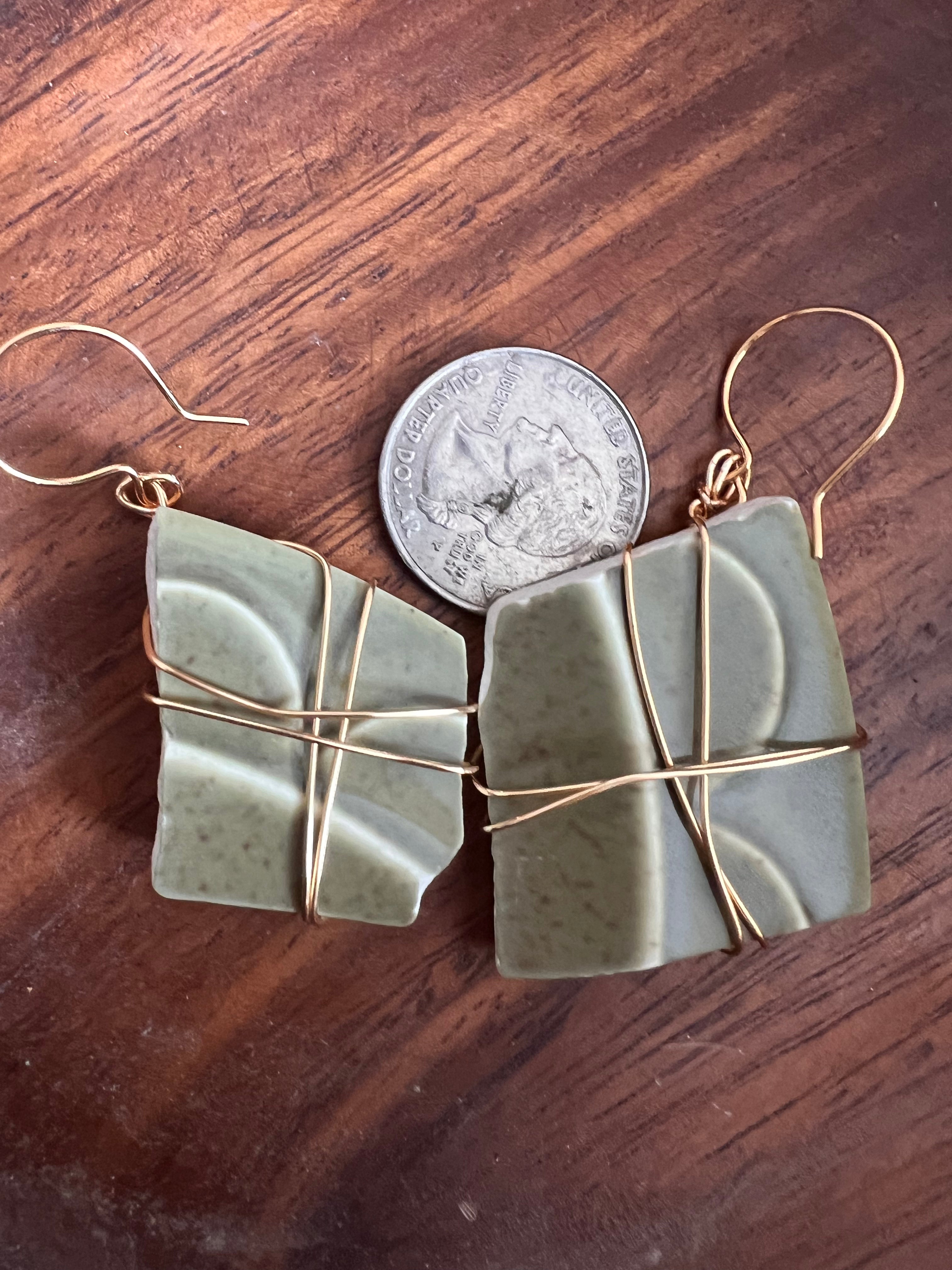 Recycled Green Scalloped Pottery Dangles